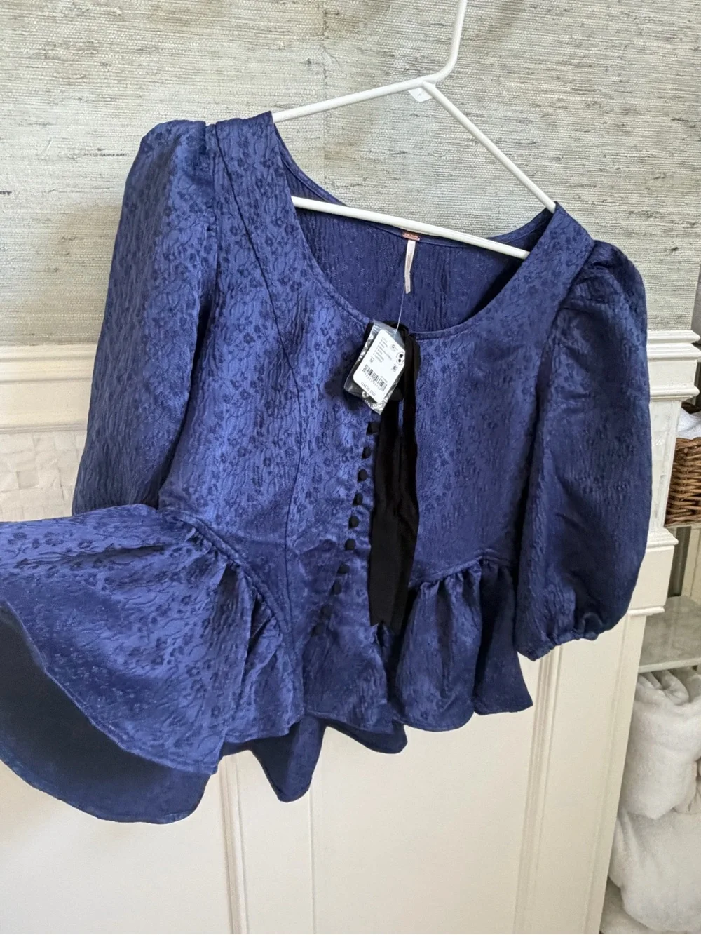 NWT new medium free people Pamela bow blouse top blue buttons puff sleeves